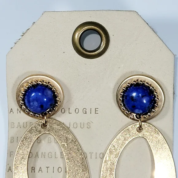 🌈 MWT-Anthropologie-Semi precious-Large Bronze-Blue Pearl Dangle Earrings - Picture 3 of 4